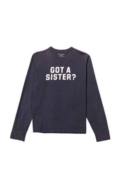 Abercrombie & Fitch navy long sleeve tee with white “Got A Sister?” slogan text