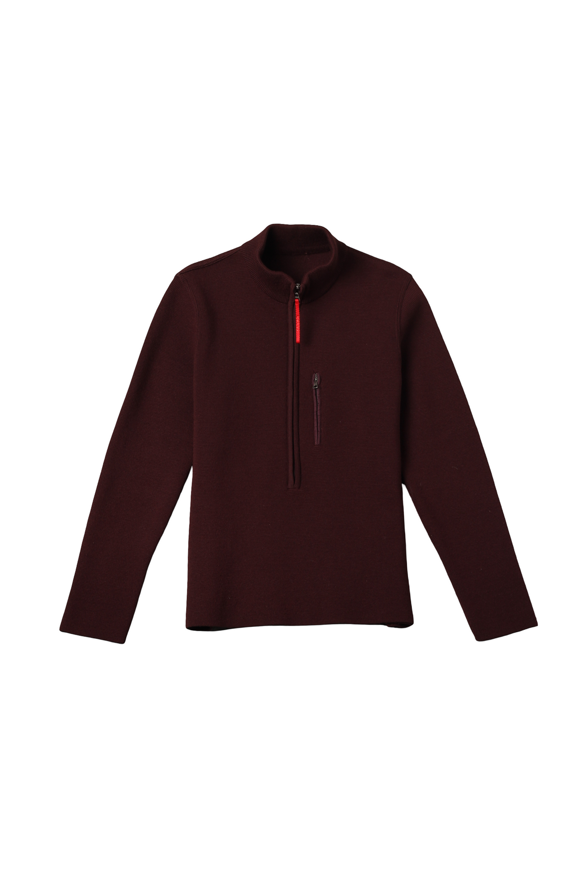 Prada Sport burgundy waffle knit quarter zip sweater with a nylon placket and red zip pull