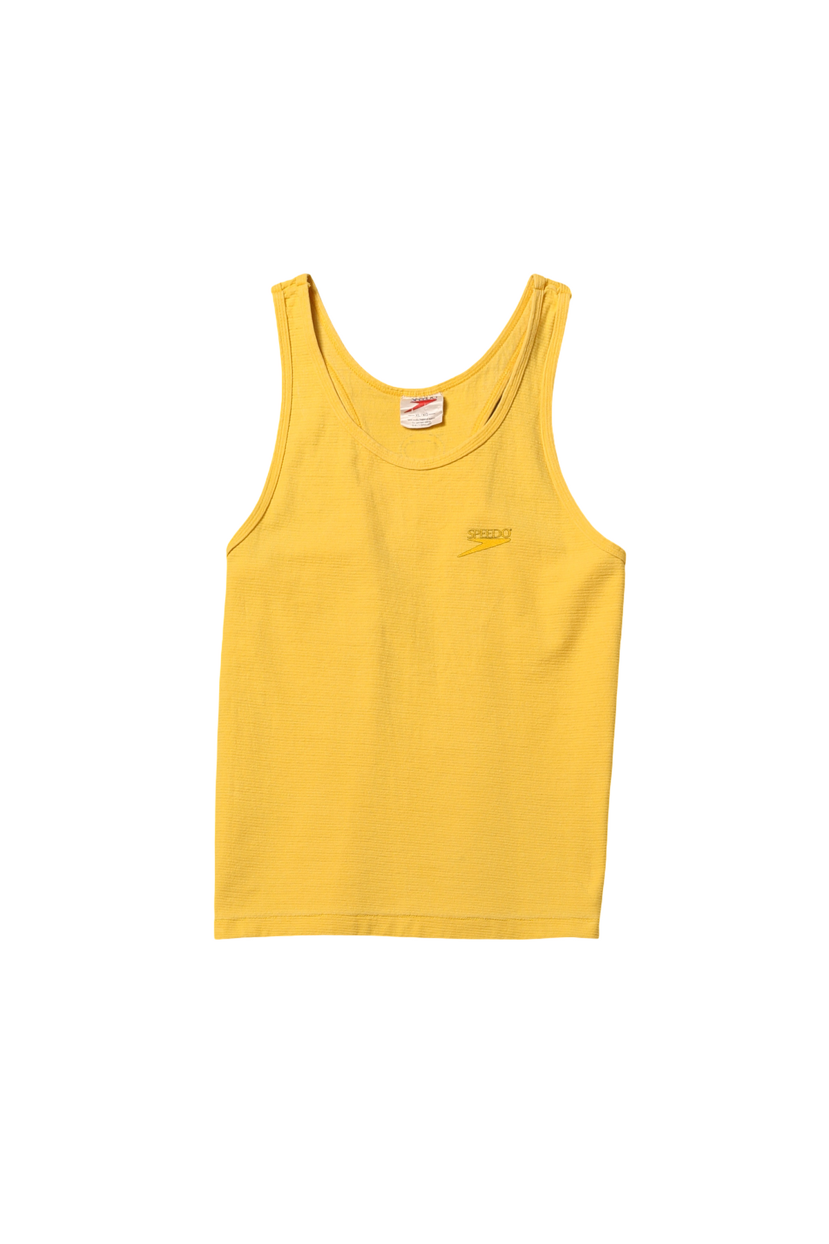 Speedo yellow rib knit racerback tank with a printed logo at the chest, 1980s