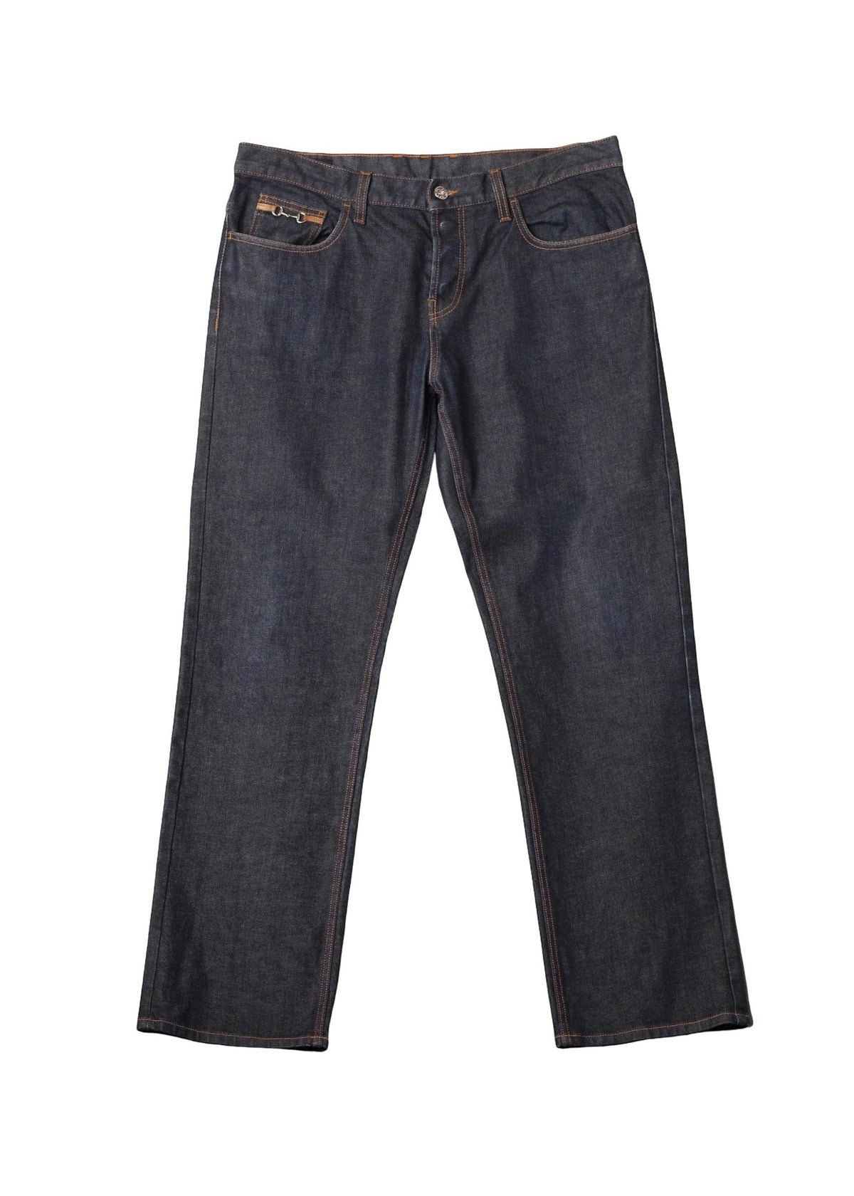 Gucci dark wash straight fit jeans with horsebit pocket hardware and web detailing