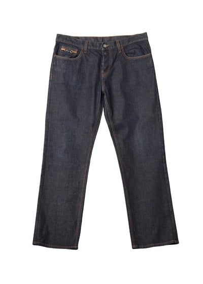 Gucci dark wash straight fit jeans with horsebit pocket hardware and web detailing