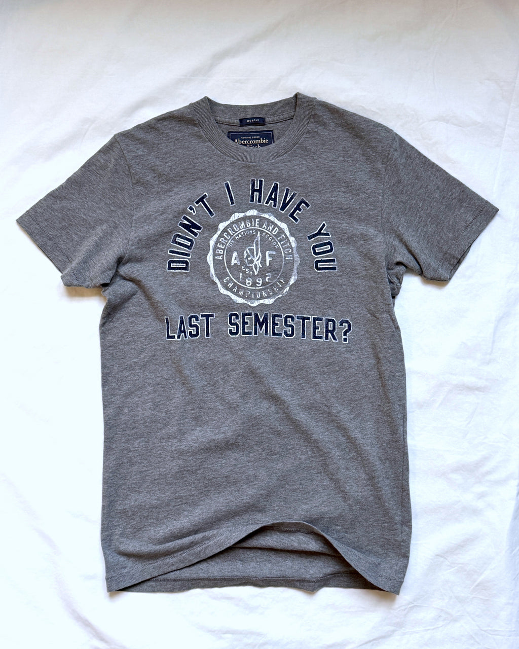 Front view vintage A+F Last Semester graphic t-shirt grey cotton size S
