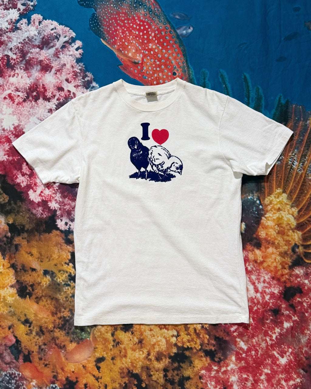 Front view vintage A+F I Love Chicks t-shirt white velvet flocked graphic size M