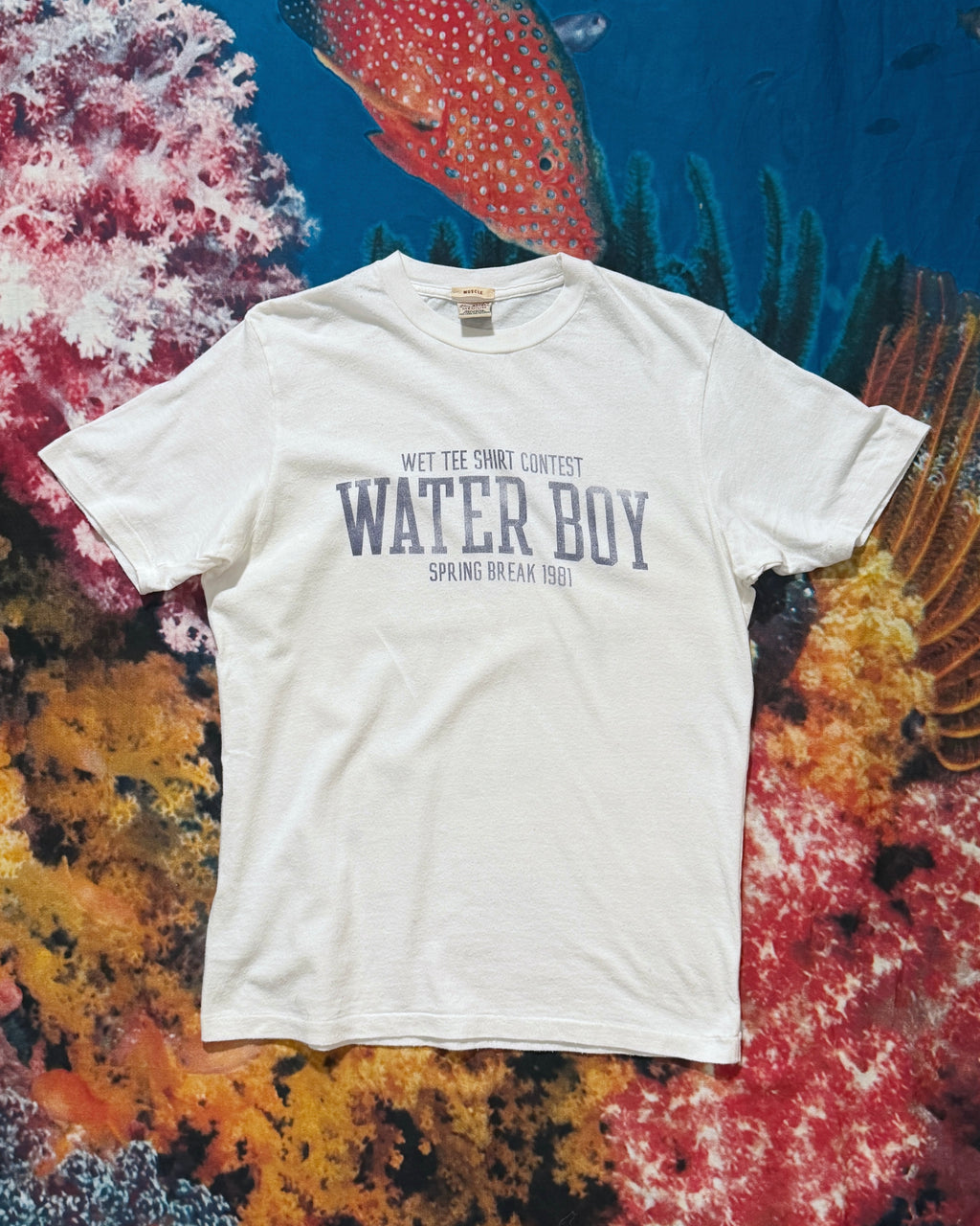 Front view vintage A+F Water Boy graphic t-shirt white cotton size M double-sided print